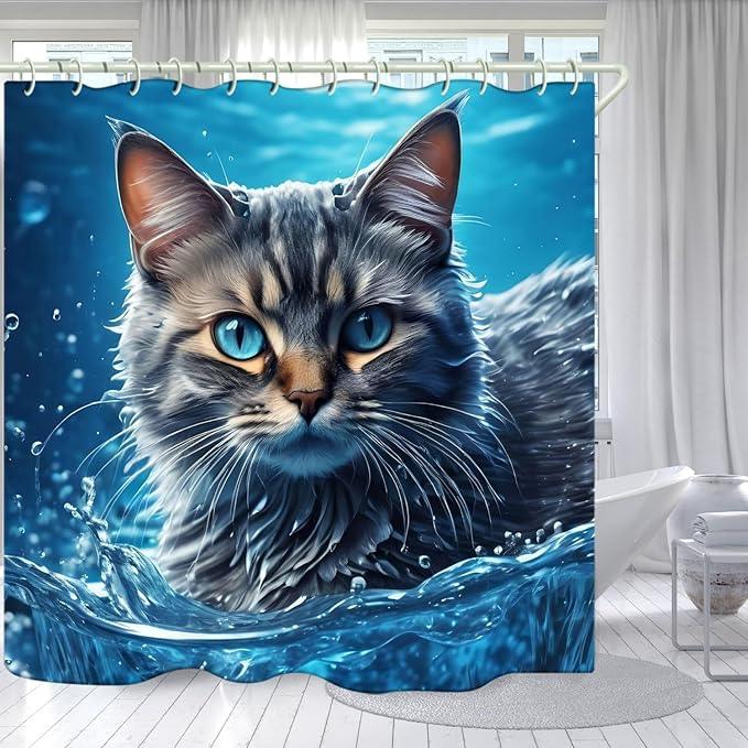 LYFANS Bathroom with Sea Cat 3D Shower Curtains, Luxury Bathtub Standard Shower Curtain, Waterproof and Bright Fabric Shower Curtain Size (72x72 Inches) - ModernBath