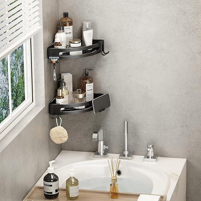 VOLPONE 3-Pack Black Triangle Shower Caddy, 3-Tier Corner Shelves, Rustproof Shower Storage Rack, Drill Free Wall Mount Shower Organizer, 40lbs Load Capacity - ModernBath