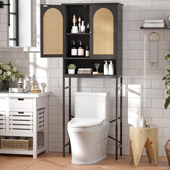 Rattan Toilet Storage Cabinet, Over The Rack Wood Cabinet with Metal Stand, Bathroom Organizer with Adjustable Shelf, Tall Freestanding Washer Shelf, Small Cupboard, Black - ModernBath