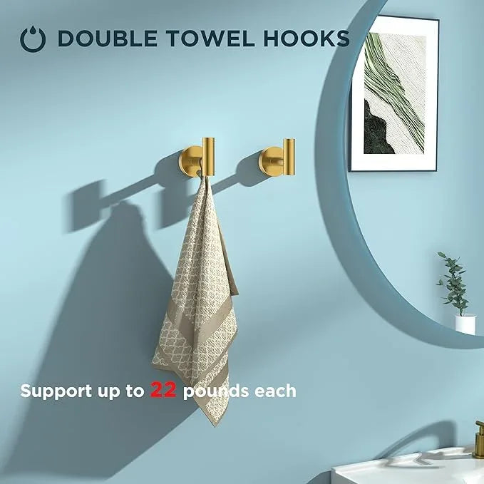 FORIOUS 4 Piece Bathroom Accessories, SUS304 Stainless Steel Double Post Pivoting Toilet Paper Holder, Towel Ring and 2 Towel Hooks, Wall Mounted Bathroom Hardware Set (Dark Gold) - ModernBath