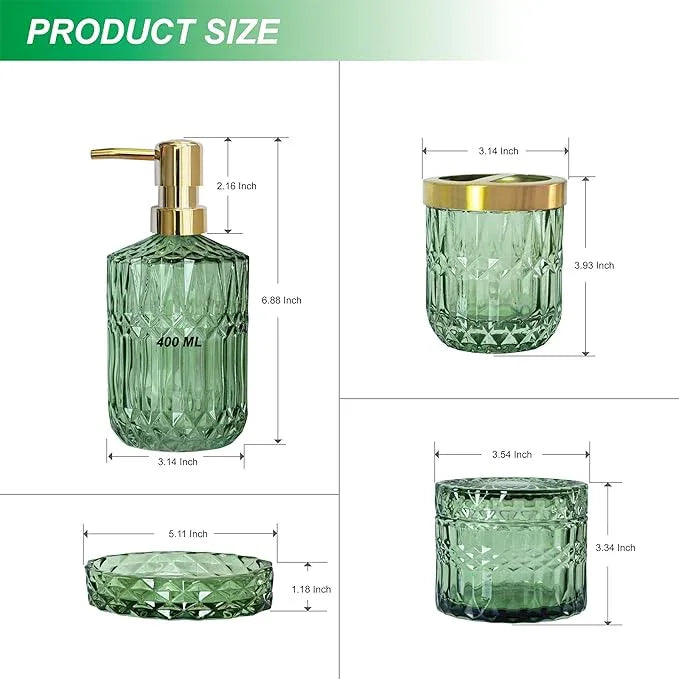 LaMarriti 4pcs Glass Bathroom Accessories Set, Clear Green Bathroom Soap Dispenser Set, Toothbrush Holder, Soap Dish, Soap Dispenser, Qtips Holder Set for Crystal Vintage Bath Decor (Green) - ModernBath