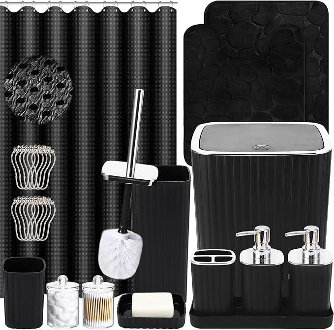 XLHOMO Bathroom Accessories Set - 25PC Black Bathroom Set, Bathroom Set with Shower Curtain and Rugs, Black Shower Curtain Set & Bathroom Rugs - ModernBath