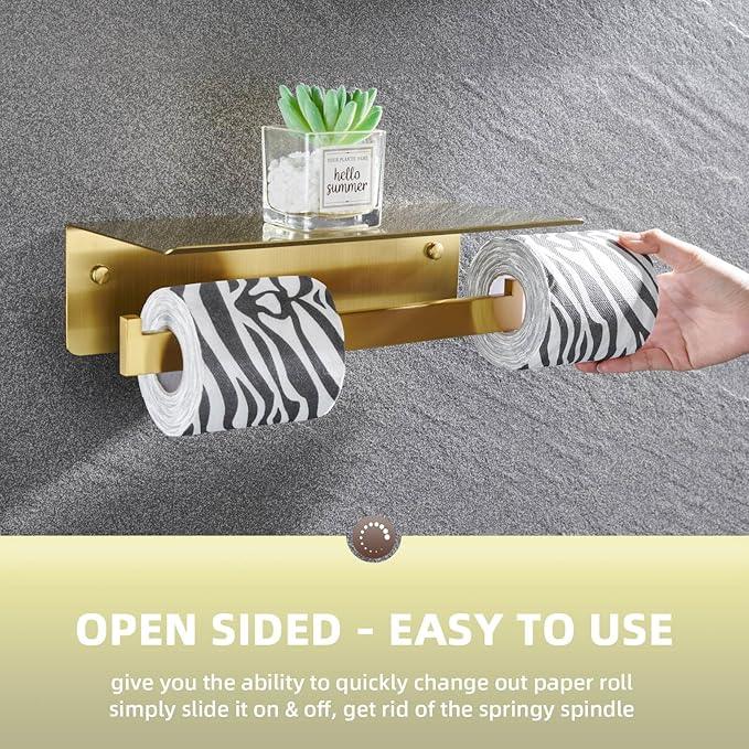 Angle Simple Toilet Paper Holder with Shelf Brushed Gold, 304 Stainless Steel Double Toilet Tissue Holder for Wall - ModernBath