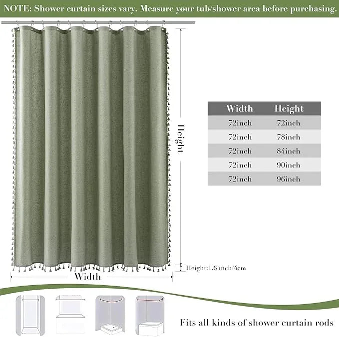 Nanspring Extra Long Sage Green Boho Linen Shower Curtain 90 Inch Textured Farmhouse Tassel Fabric Bath Curtains Set with Hooks Modern Cottage Aesthetic Retro Shower Curtain for Bathroom 72x90, Green - ModernBath