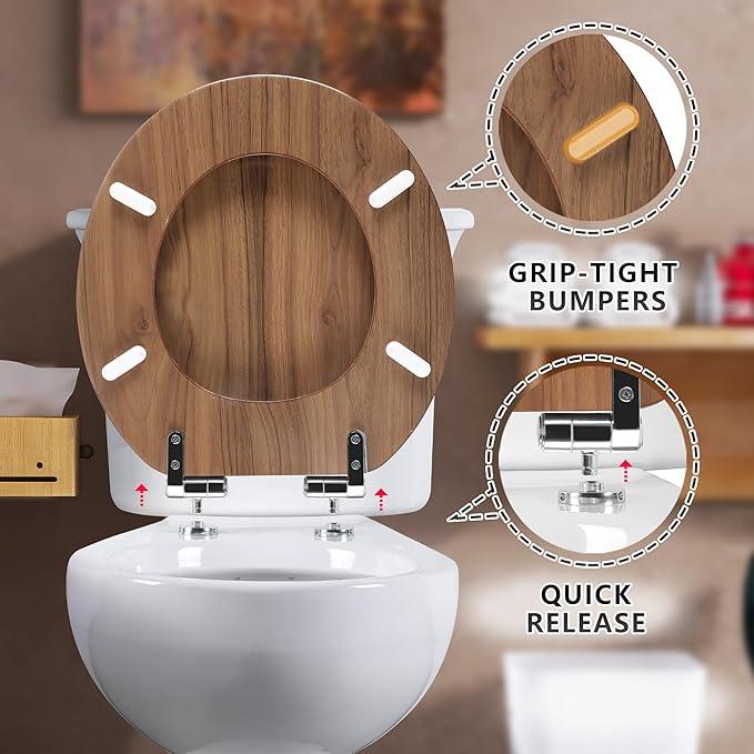 Round Toilet Seat Molded Wood Toilet Seat with Quietly Close and Quick Release Hinges, Easy to Install also Easy to Clean by Angol Shiold (Round, Natural) - ModernBath
