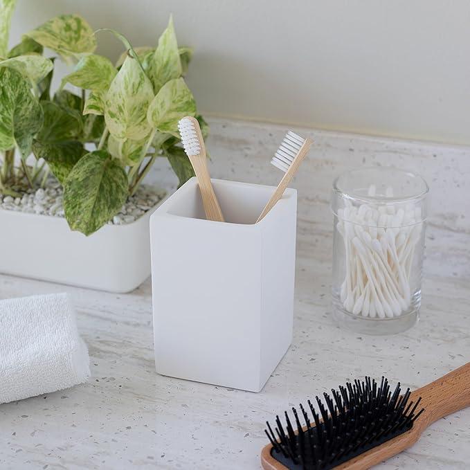 Yew Design Matte White Toothbrush and Toothpaste Holder for Bathroom Vanity and Countertop, Square Organizer for Electric Toothbrushes, Floss, Razors, Cotton, and Mouthwash - ModernBath