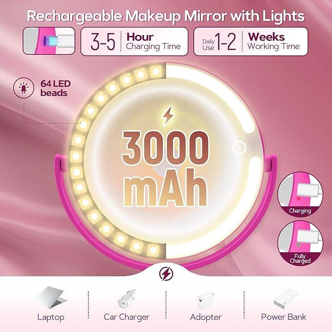 B Beauty Planet Makeup Mirror with Lights, Lighted Magnifying Mirror 30X with 3 Lighting and Adjustable Brightness, 2-Sided Height Adjustable Vanity Mirror for Bathroom, Gifts for Women Hot Pink - ModernBath