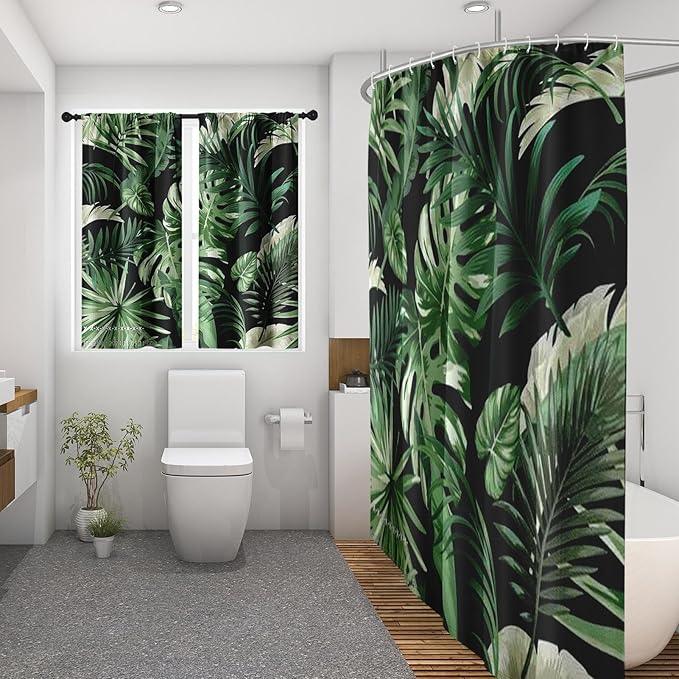 Culudea Green Tropical Plant Jungle Leaf Waffle Textured Cloth Shower Curtain Set, Palm Tree Leaves Black Bathroom Window Waterproof Shower Curtains for Bathroom Decor - ModernBath