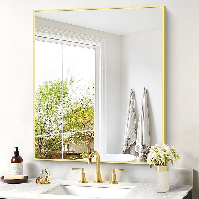 COFENY Gold Bathroom Mirror for Wall, 30x36 Inch Rectangle with Metal Frame, Modern Vanity for Bathroom Living Room, Entryway Hangs Horizontal or Vertical - ModernBath