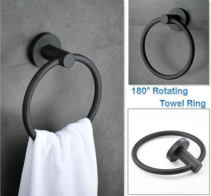 SHUNLI 5-Piece Bathroom Hardware Accessories Set Matte Black (Towel Bar Adjustable 16” to 26”, Toilet Paper Holder, Towel Ring, 2 PCS Towel Hook) Wall Mounted, SUS304 Stainless Steel - ModernBath