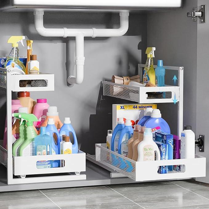 Full Metal Under Sink Organizer, Pull Out Cabinet Organizers and Storage, Silk-Smooth Sliding Drawer for Kitchen, Bathroom, Pantry, Cabinet, Closet (White, 2 Pack) - ModernBath