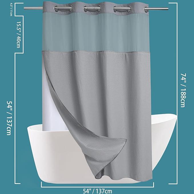 Conbo Mio Stall No Hook Waffle Weave Shower Curtain with Snap in Liner Set, Hotel Luxury Grey Shower Curtains for Bathroom with See Through Top Window, Waterproof, Washable 54W x 74H - ModernBath