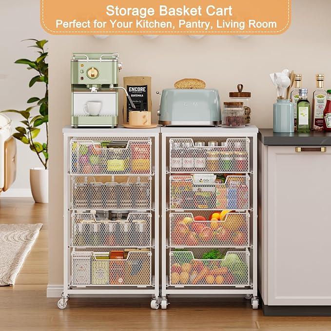 4-Tier Kitchen Storage Cart - Fruit Vegetable Storage Cart with Drawers, Wooden Top Metal Wire Kitchen Organizer and Storage Cart with Wheels to Storage Onions Potatoes Cans Snacks for Kitchen - ModernBath