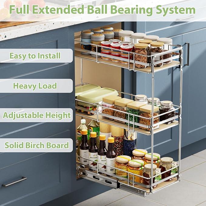 ROOMTEC 3-Tier Pull Out Cabinet Organizer Spice Rack for Narrow Cabinet 9" W x 20½" D, Slide Out Wood Shelves Storage for Kitchen - ModernBath