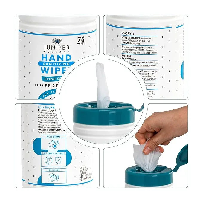Juniper CLEAN, 4 Pack Hand Sanitizing Wipes, 300 Count Canister Disposable Hand Sanitizer Wipes, Fresh Scent, Lint Free & Durable - ModernBath
