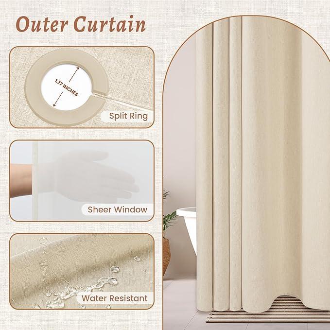 WONICY No Hook Cream Shower Curtain and Liner, Linen-Look Polyester Textured Shower Curtain with Snap in Liner, Waterproof & Washable Bath Curtains for Bathroom, 71Wx74H - ModernBath