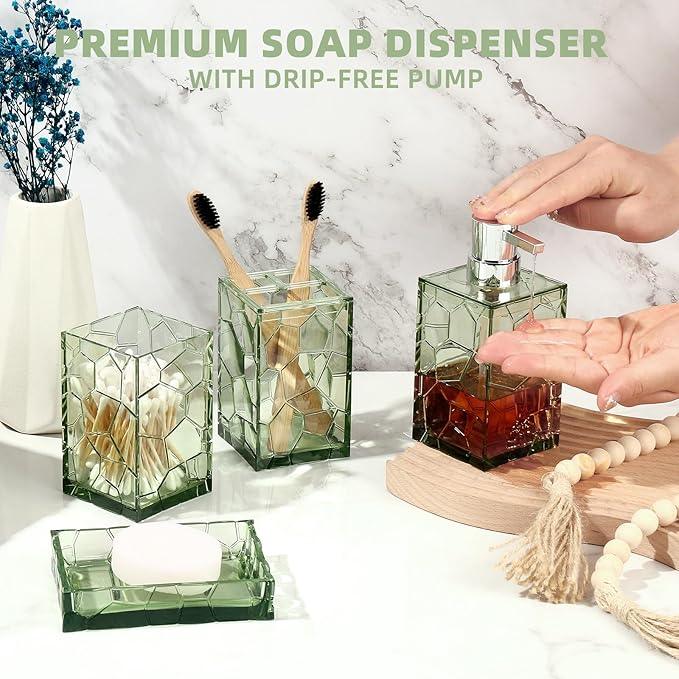 GAHEFY Green Bathroom Accessories Set with Toothbrush Holder, Soap Dispenser, Tumbler, Soap Dish, Sage Green Bathroom Decor, Acrylic (Green-4pcs) - ModernBath