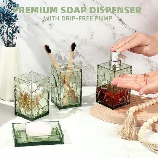 GAHEFY Green Bathroom Accessories Set with Toothbrush Holder, Soap Dispenser, Tumbler, Soap Dish, Sage Green Bathroom Decor, Acrylic (Green-4pcs) - ModernBath