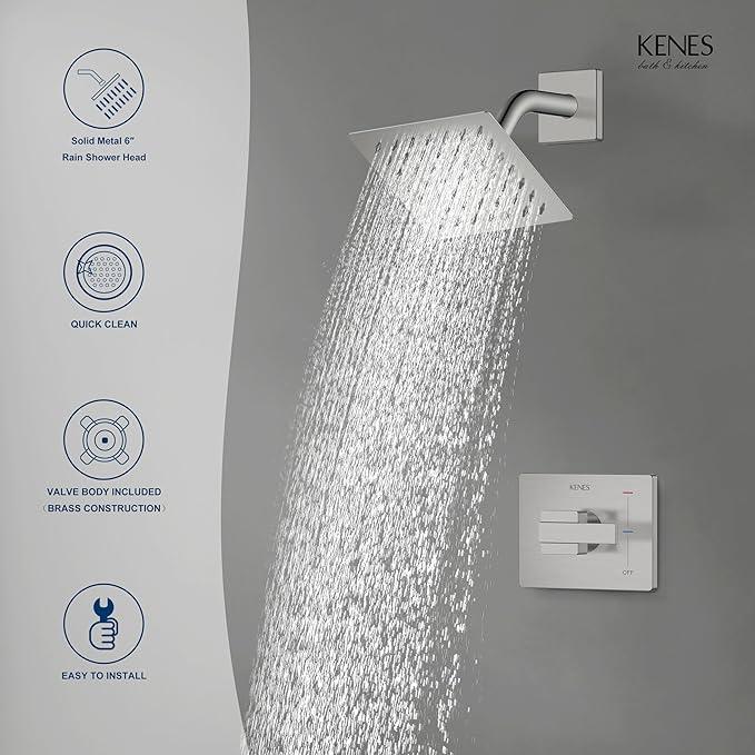 KENES Brushed Nickel 6-Inch Shower Head and Handle Set, Square Shower Faucet Set Bathroom Rainfall Shower System Wall Mount, KE-6025B (Shower Valve Included) - ModernBath