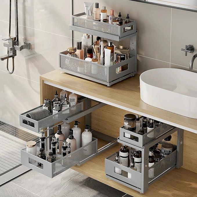 2 Pack 15.74IN-Depth Under Sink Organizer With Next-Gen Ball-Bearing Slides,2-Tier Pull Out Cabinet Storage,Height Adjustable Drawer Shelf for Bathroom,Kitchen,Laundry,Cabinet,Pantry-Gun Gray - ModernBath