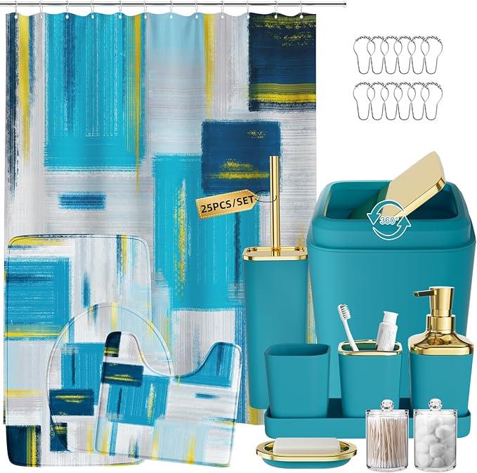 XLHOMO Bathroom Set - Teal Blue Bathroom Accessories Set, Bathroom Sets with Shower Curtain and Rugs, Teal Blue Shower Curtain Set with Bathroom Trash Can, Soap Dispenser, Soap Dish for Home Decor - ModernBath