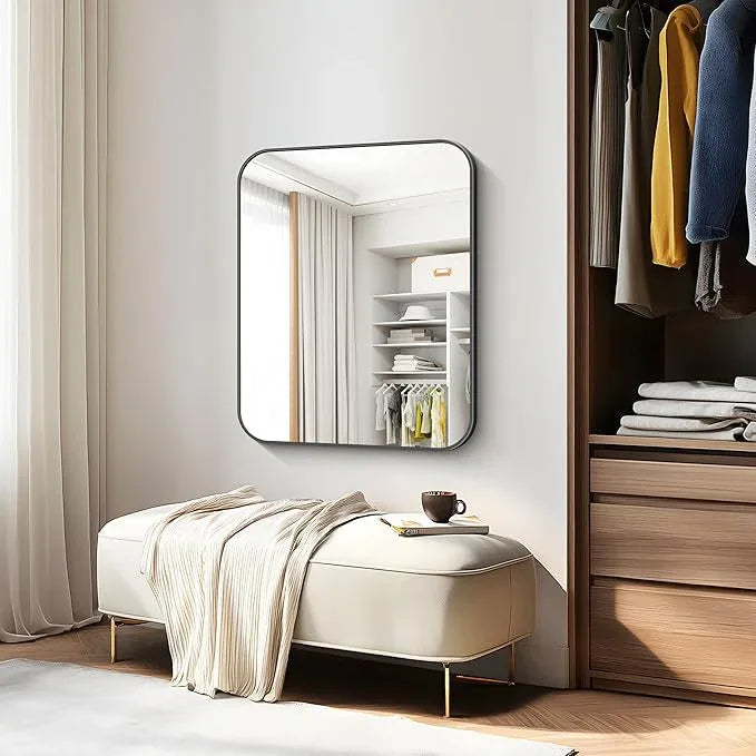 CIVENO Bathroom Mirror, 30 x 24 inch Metal Framed Black Rectangle Mirror, Rounded Corner Rectangular Vanity Mirror, Wall Mounted Mirror for Modern Bedroom Living Room Hangs Horizontal or Vertical - ModernBath