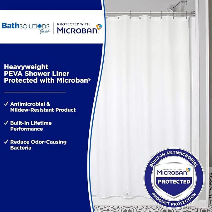 Kenney MB61169 Microban Protected Heavyweight 8 Gauge Waterproof PEVA Shower Curtain Liner with Rust-Resistant Metal Grommets and Weighted Magnetic Hem for Bathroom, 70" W x 72" H, White - ModernBath