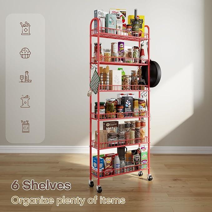 Slim Rolling Storage Cart 6 Tier, Metal Kitchen Rolling Utility Cart with Lockable Wheels for Kitchen, Bathroom, Office, Laundry Room, Small Narrow Spaces (Red 6 Inches) - ModernBath