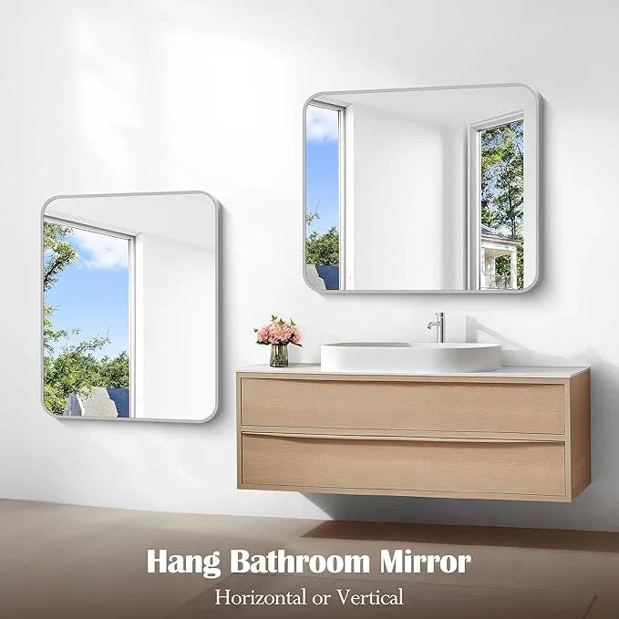 CIVENO Silver Bathroom Mirror, 30 x 36 Inch Metal Framed Silver Rectangle Mirror, Rounded Corner Rectangular Vanity Mirror, Wall Mounted Mirror for Living Room Bedroom Entryway Horizontal/Vertical - ModernBath