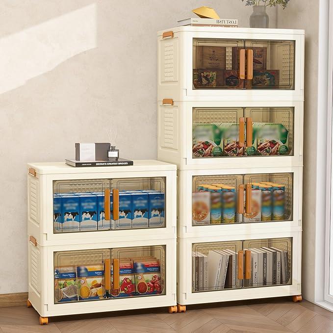 Plastic Stackable Storage Bins with Lids and Wheels, 358.4QT-89.6QT*4Tier Foldable Closet Organizers and Containers, Collapsible Clear Drawer Storage Cabinet with Doors Ivory White - ModernBath