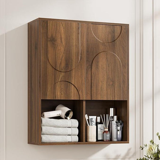 Bathroom Wall Cabinet, 24x30 Inch Small Over The Toilet Storage Cabinet, Walnut Space Saver Hanging Wall Mounted Medicine Cabinet Organizer with 2 Doors, Open Adjustable Shelf for Laundry Room Kitchen - ModernBath