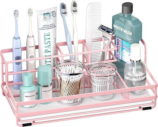 HapiRm Toothbrush Holders for Bathroom - 5 Partitions Bathroom Counter Organizer with Instant Drying Stone, Stainless Steel Countertop Storage Electric Toothbrush Toothpaste Holder - Pink - ModernBath