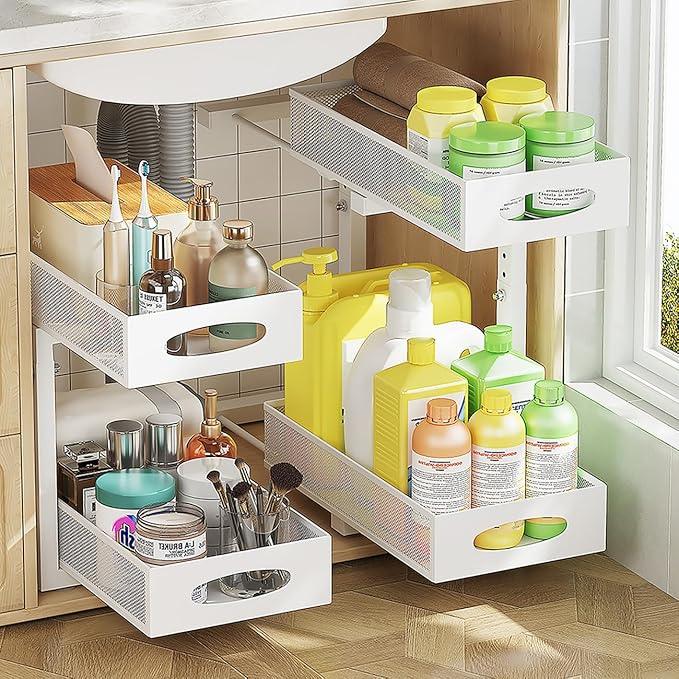 Under Sink Organizer, 2-Tier Pull Out Cabinet Organizer with Adjustable Height, Use in Kitchen Bathroom Cabinet and Countertop Storage, White, 2-Pack - ModernBath
