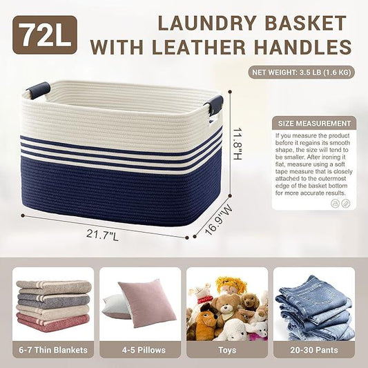 72L Large Laundry Basket with Leather Handles for Living Room Storage, Woven Rope Baskets Bin for Blanket, Kids Toy, Gifts, Wicker Hamper for Bedroom Dirty Clothes, 22"x17"x12" White Navy - ModernBath