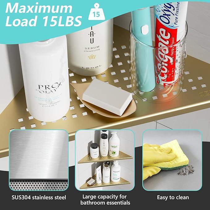 Corner Shower Shelves, 10” Recessed Tile Shower Shelf Brushed Golden, 304 Stainless Steel Grout in Corner Tile Shower Shelves, No Drilling, 2 Pack - ModernBath