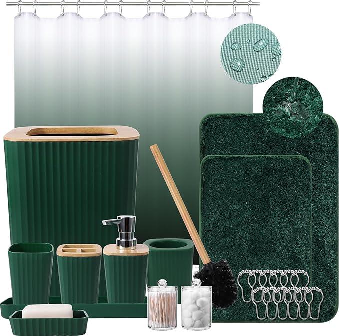 XLHOMO Dark Green Bathroom Accessories Set with Ombre Shower Curtain and Bathroom Rugs,Bathroom Sets with Trash Can,Toothbrush Holder and Cup,Soap Dispenser,Tray,Soap Dish,Toilet Brush,Qtip Holders - ModernBath