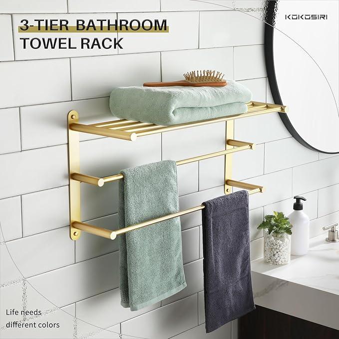 KOKOSIRI 3 Tier Bath Towel Rack 24 Inch Wall Mounted Rack with Towel Bars Towel Shelf with Single Towel Bar Bathroom Ladder Brushed Gold B5003BG - ModernBath