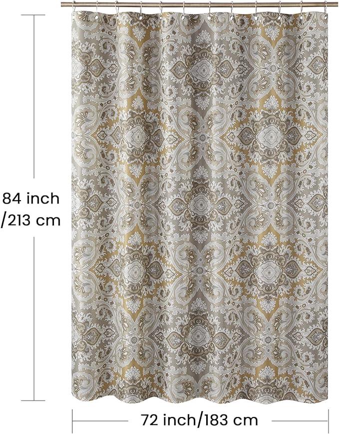 BESTRIPES Extra Long Fabric Shower Curtain, Beige Grey Blue Printed Boho Paisley Damask Pattern Shower Curtains for Bathroom, Waterproof Bathroom Curtains, 72" W x 84" H - ModernBath