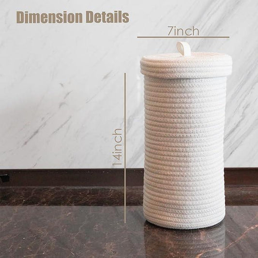 Toilet Paper Holder Handmade – Cotton Woven Toilet Paper Stand & Storage Basket with Lid, Freestanding Organizer for Bathroom, Fits 3 Rolls White - ModernBath