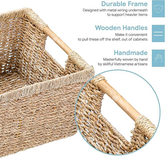 Large Wicker Storage Basket with Wooden Handles, Seagrass Basket for Shelves, Natural Wicker Bin With Handle for Storage 14.5 x 10.3 x 7.5 inches - ModernBath