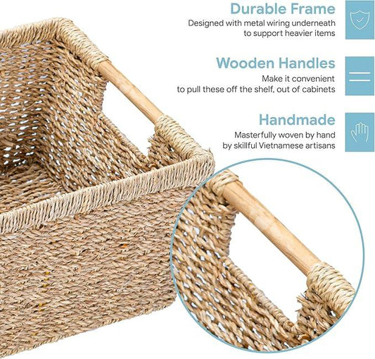 Large Wicker Storage Basket with Wooden Handles, Seagrass Basket for Shelves, Natural Wicker Bin With Handle for Storage 14.5 x 10.3 x 7.5 inches - ModernBath