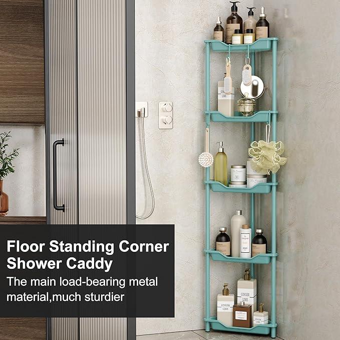 Orimade Rustproof 5 Tier Floor Standing Corner Shower Caddy Organizer, Plastic Metal Splicing Floor Corner Shelf Rack Stands for Bathroom, Blue - ModernBath