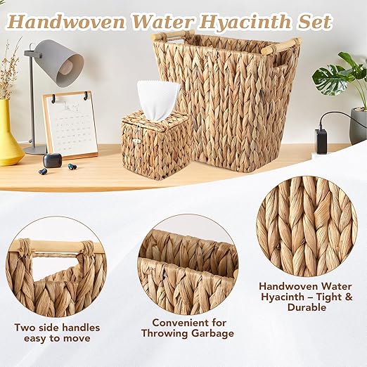 BSSN Wicker Trash Can & Square Tissue Box Holder, Water Hyacinth Waste Paper Baskets with Wooden Handles,Handwoven Waste Basket for Bathroom, Bedroom, Office (Wooden Handles Trash Can)