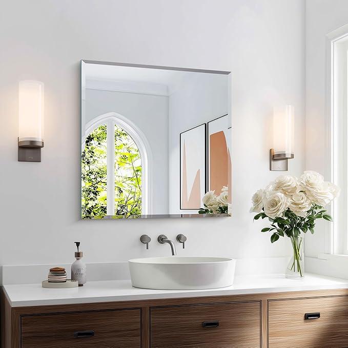 KOCUUY Beveled Square Mirror, 24x24 Inch Frameless Bathroom Mirror for Over Sink, Upgraded Shatterproof Beveled Unframed Design Mirror for Bathroom, Bedroom, Hang Horizontal/Vertical - ModernBath