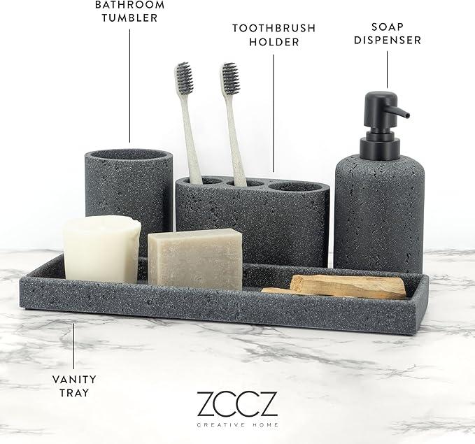 ZCCZ - Black Bathroom Accessories Set 4 Pcs - Toothbrush Holder, Soap Dispenser, Vanity Tray, Bathroom Tumbler - Countertop Vanity Organizer - Bathroom Accessory Set- Toothbrush Holder Set, Stone Sets - ModernBath