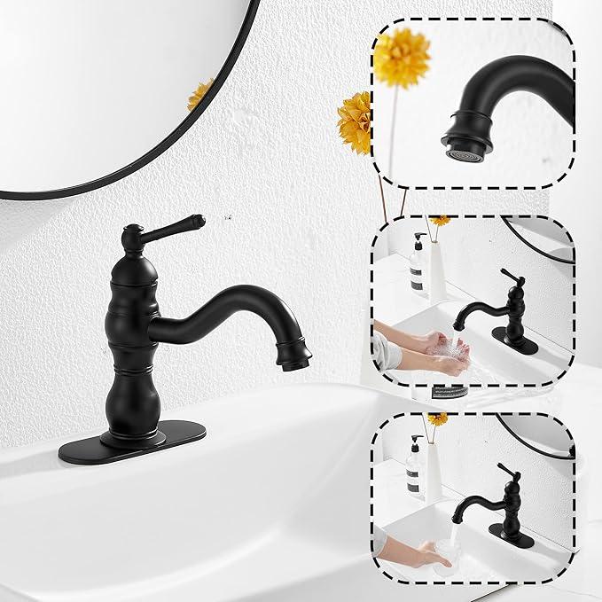 Matte Black Bathroom Faucet GGStudy 360° Swivel Bathroom Vanity Faucet Single Handle One Hole Black Bathroom Sink Faucet Basin Matching Pop Up Drain with Overflow - ModernBath