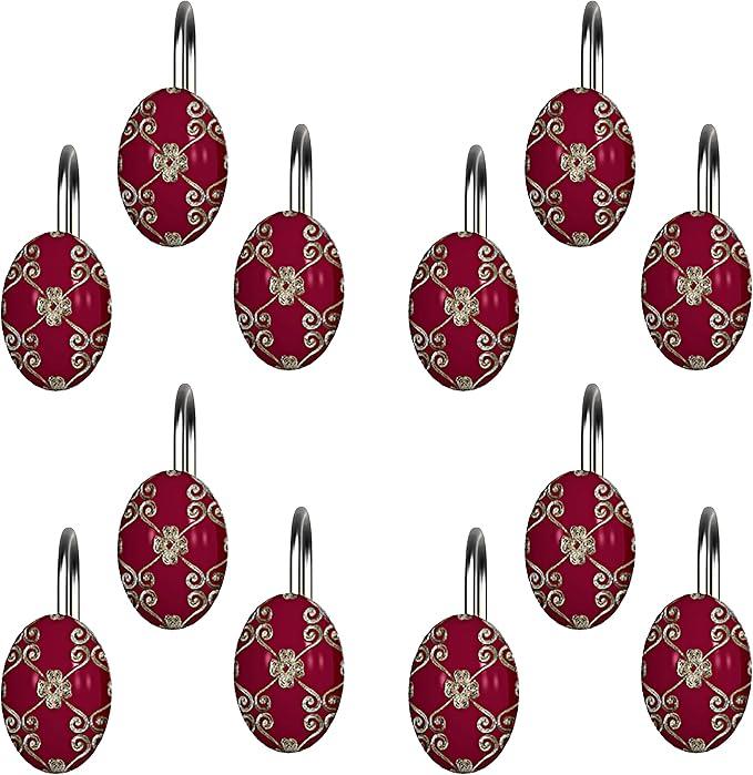 Zahari Home 13pc Elegant Rose Bathroom Shower Curtain Sets Elegant Shower Curtain & 12 Shower Curtain Rings Contemporary Decor Burgundy Shower Curtain Unique Design Stylish Shower Accessories - ModernBath