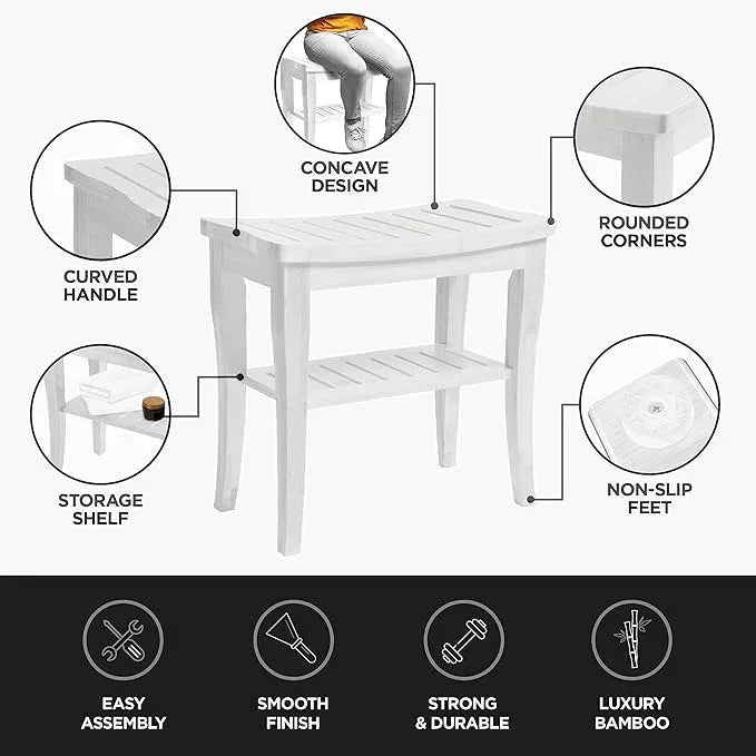 Bambüsi Bamboo Shower Bench Spa Stool - Wood 2-Tier Seat, Foot Rest Shaving Stool with Non-Slip Feet + Storage Shelf - Seat or Organizer for Bathroom, Living Room, Bedroom and Garden Décor (White) - ModernBath