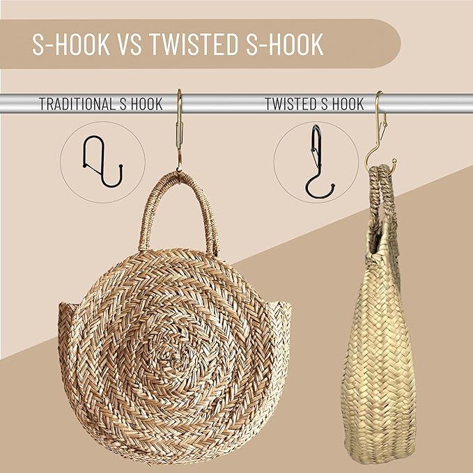 Blau Marité 6 Purse Hanger for Closet. Tote Hanger. S-Shaped Hooks S Hooks Twist Design. Anti Drop S-Shaped Hook for Hanging Handbags with Safety Buckle to Prevent Falls. Heavy Duty. (Gold, Twisted) - ModernBath