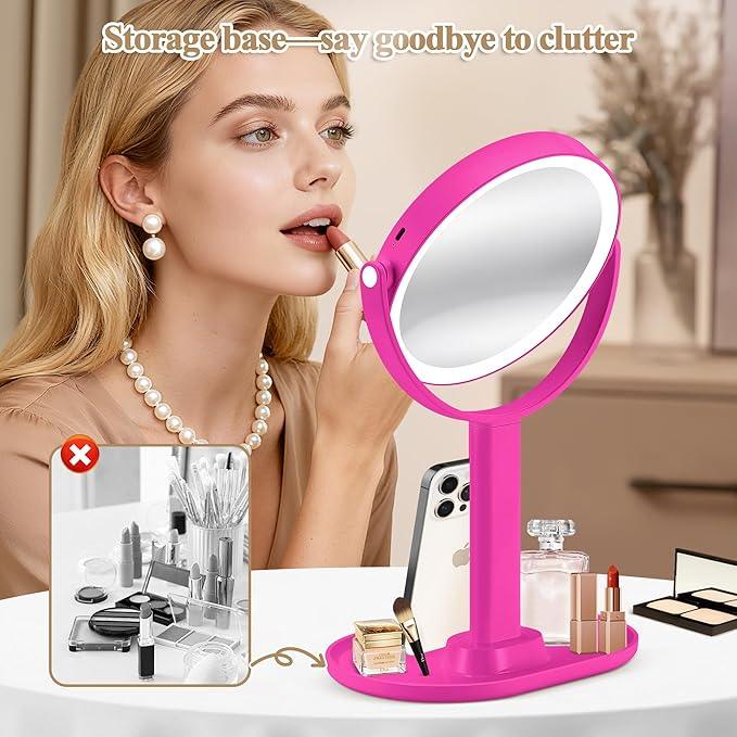 MOMOKUBA Makeup Mirror with Lights, Double Sided 1x/20x Magnifying Mirror with Light, Rechargeable 3 Color Lights and Adjustable Brightness, 360° Rotation Detachable Comes with Tweezer(Hotpink) - ModernBath